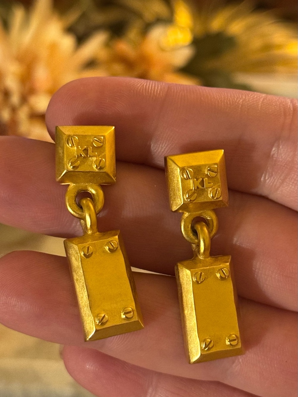 RARE Karl Lagerfeld Vintage Matte Gold Screw-Detail Dangle Earrings